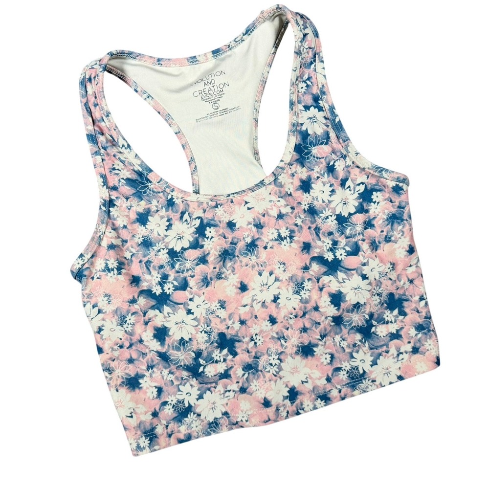 Evolution and Creation Racerback Tank Small Pink Blue Floral Crop Top Yoga Gym‎